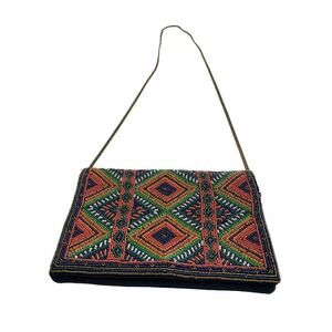 La Sera by Franchi Seed Beaded Envelope Clutch Crossbody Boho Gold Chain Navy Ca